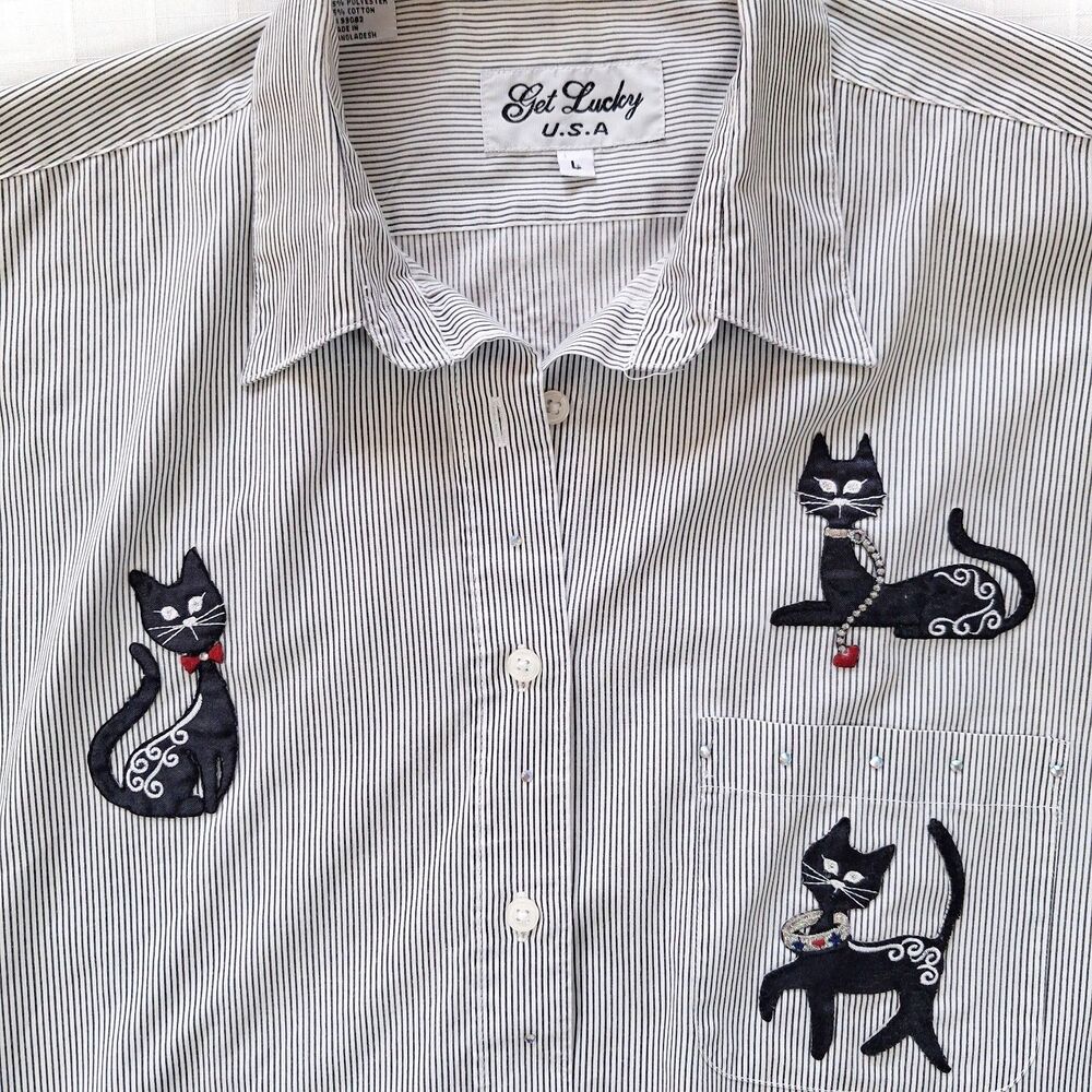 Women's Grey White Stripe Button Up Shirt Black Cat Applique Get Lucky USA Sz L